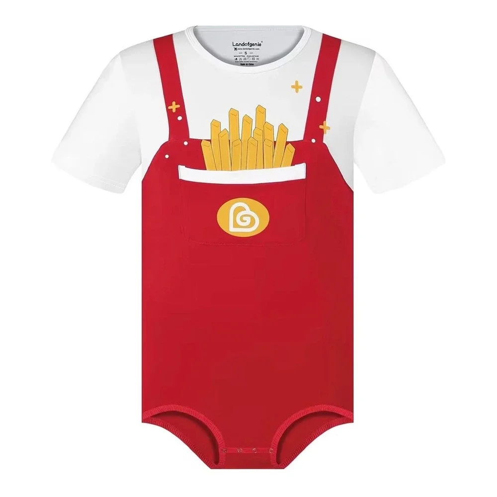 Landofgenie Men French Fries Overalls Graphic Bodysuit Red White Short Sleeve S